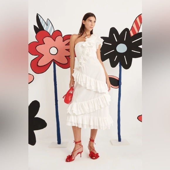 NWT CELIA B Ezili One-Shoulder Tiered Ruffle Dress White S - Picture 7 of 16